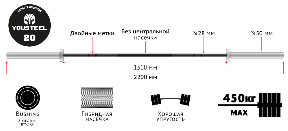 Гриф CrossTraining bar XF-20 Мужской (D-50, L-2200, до 450 кг)